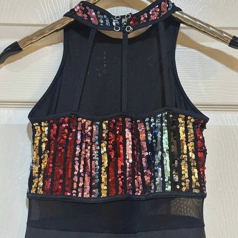 Kids Multi Color Sequin Dance Costume Dress‎ Black Skater Skirt Mesh Panel